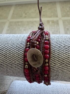 Chan Luu Red Beaded Leather Multi-Wrap Bracelet with Brass Button
